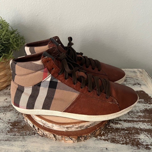 Burberry Brown Leather & Canvas Plaid High Top Sneakers - 42 EU (9 US) Boots - Picture 3 of 12